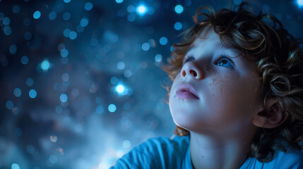 A child gazes at a starry projection on the wall in a dimly lit room, captivated by the cosmos at night