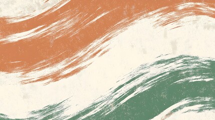 Obraz premium Abstract background with wavy brushstrokes in orange and green on a white textured background.