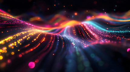 Abstract background with colorful glowing lines and bokeh lights on dark space, in the style of futuristic digital technology concept.