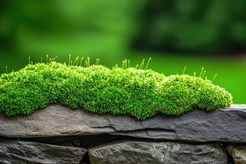Fototapeta premium Lush green moss growing on a stone wall in a natural setting.