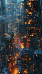 Obraz premium Cozy rainy afternoon view through a window with cascading raindrops and glowing city lights