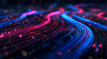 Abstract background with colorful glowing lines and bokeh lights on dark space, in the style of futuristic digital technology concept.