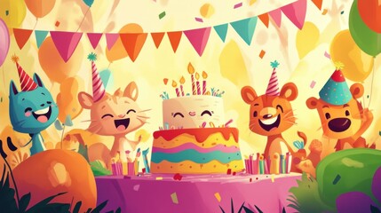 Obraz premium Birthday Party with Animals and Cake