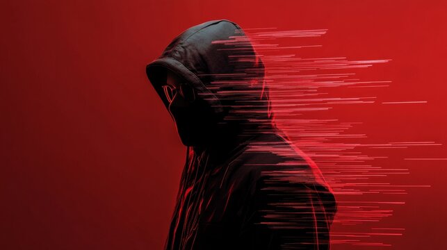 Mysterious hacker wearing black hoodie and mask creating code on red background
