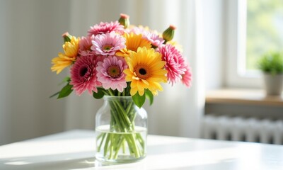 Floral arrangement with gerberas and roses in an interior.