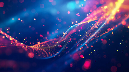 Abstract background with colorful glowing lines and bokeh lights on dark space, in the style of futuristic digital technology concept.