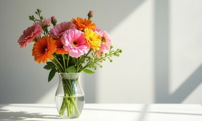 Floral arrangement of pink and orange flowers in a vase.
