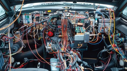 Realistic photo of a passenger car s wiring harness showing modern electrical system integration