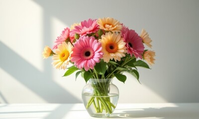 Obraz premium Floral arrangement with roses and gerberas for interior decor.