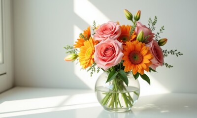 Elegant bouquet in a vase in pastel and bright tones.