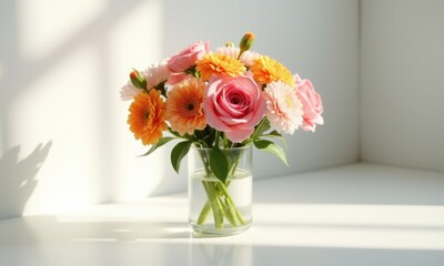 Still life with bright flowers against sunlight.