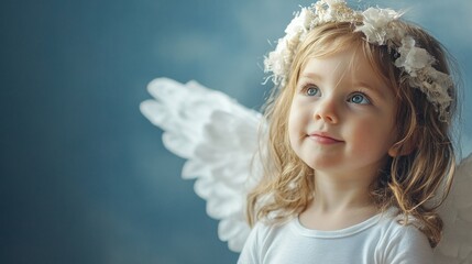 Adorable little girl wearing angel wings and flower crown smiling