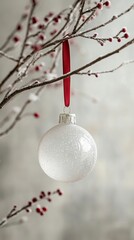 A frosted white Christmas ornament with a red ribbon hangs from a bare branch decorated with red berries.