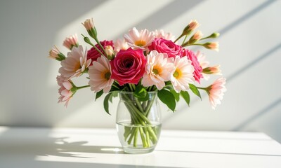 A combination of pink roses and orange gerberas in a clear vase.