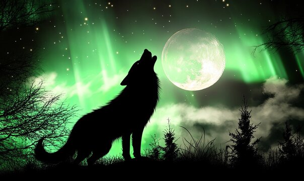 A lone wolf howls at the moon in a magical, green aurora borealis sky.