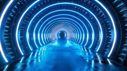 Futuristic sci fi tunnel with neon blue lights  a captivating banner design atmosphere