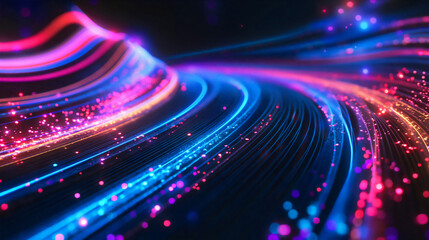Abstract background with colorful glowing lines and bokeh lights on dark space, in the style of futuristic digital technology concept.