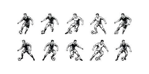 Vector illustration of a football player set mid-dribble, focusing on footwork and movement. Smooth, clean lines perfect for sports apparel and products.