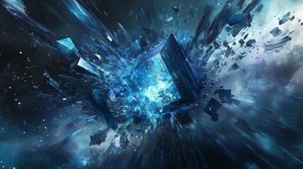 Abstract blue glowing cube in space with exploding particles.