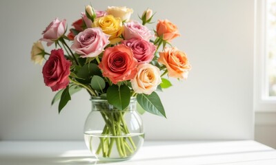 Floral arrangement with roses and gerberas for interior decor.