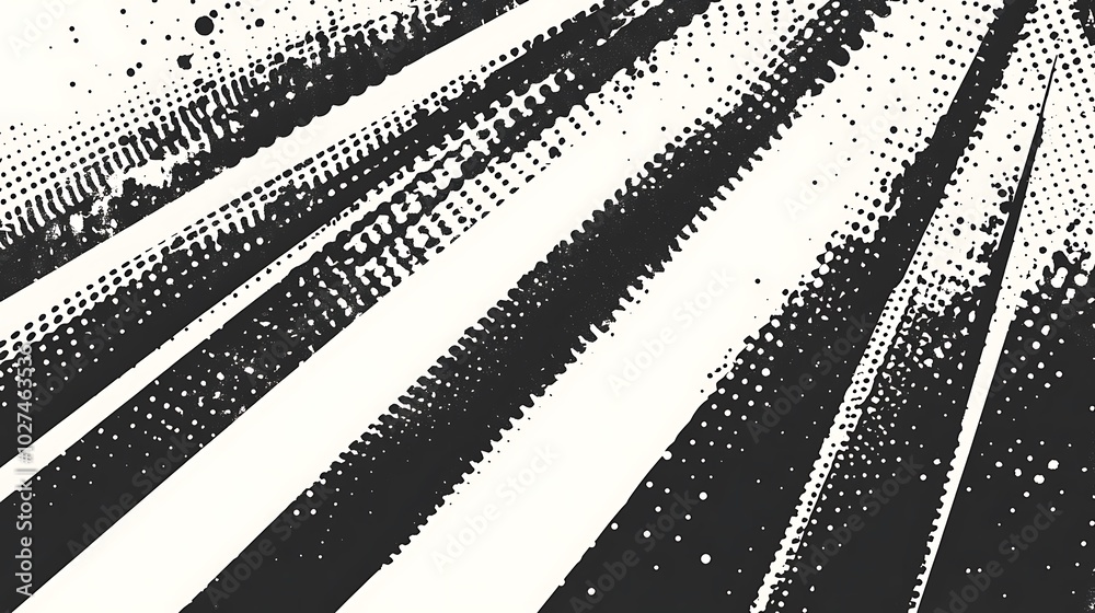 Poster abstract black and white halftone pattern with radial lines.