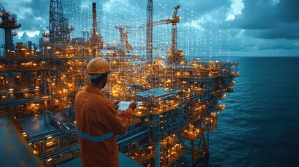 Engineer inspects an offshore oil rig while examining energy grids and ocean landscapes at dusk