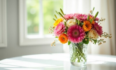 Floral bouquet with greenery and flowers in a vase.