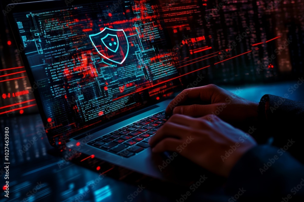 Poster Digital data protection and cyber security concept. Man using a laptop computer to type his username and password. User privacy security and protection of personal data on an internet network.