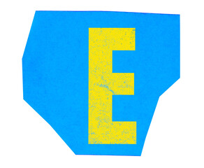 Yellow letter e on blue paper tear