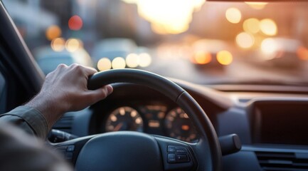 Driver at the Wheel in Traffic During Sunset