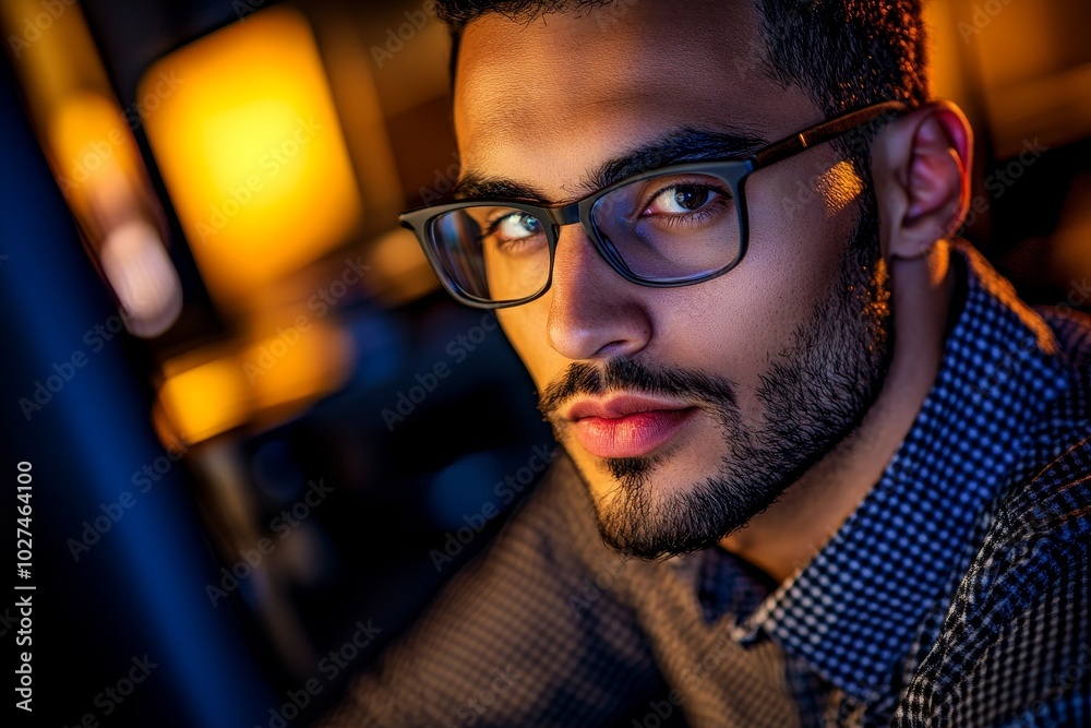 Poster an office worker at night is working as a web designer for research, information, and creative proje
