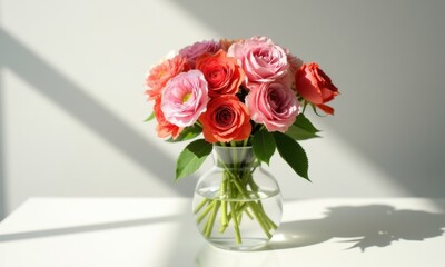 Fresh flowers in a glass vase against natural light.