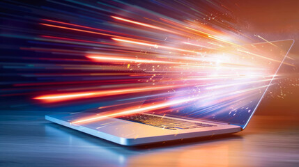 Laptop emitting colorful light streaks in a digital burst, illustrating the concept of high-speed technology and data transfer
