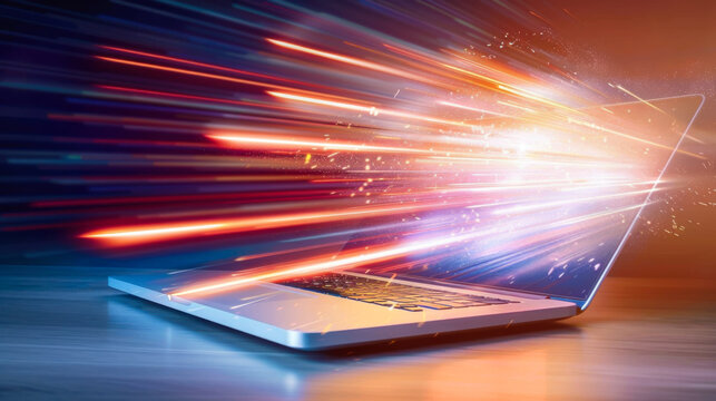 Laptop emitting colorful light streaks in a digital burst, illustrating the concept of high-speed technology and data transfer - Powered by Adobe