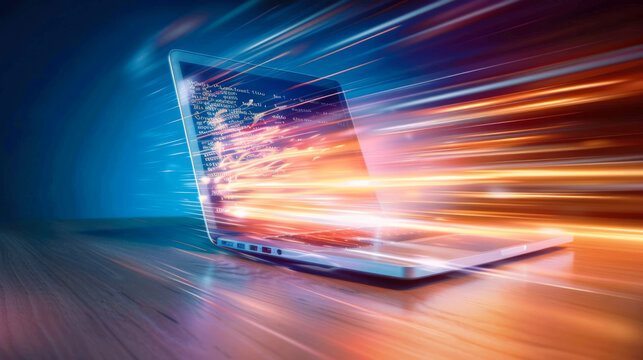 Laptop emitting colorful light streaks in a digital burst, illustrating the concept of high-speed technology and data transfer