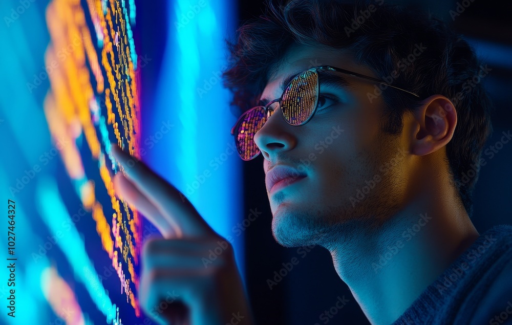 Poster In this image, an Indian programmer stands in front of a screen with a projected picture of code demonstrating the integration of technology and human expertise in app development