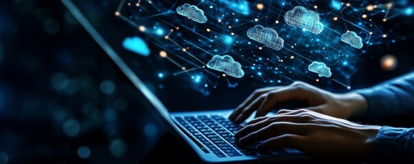 Cloud service hologram, man typing on laptop, devices synchronized