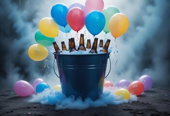 A basket filled with beer bottles and colorful balloons tied to it