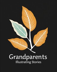Grandparents illustrating stories with a leaf design on plain black background