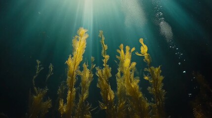 Fototapeta premium Underwater Kelp Forest Sunbeams Illuminating the Depths