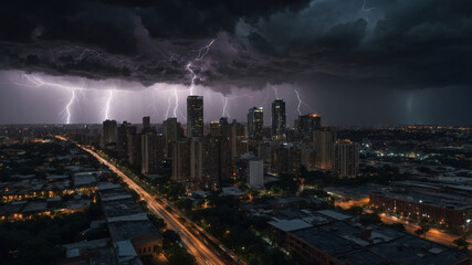 Fototapeta premium Lightning Storm Strikes Above City Lights at Night
