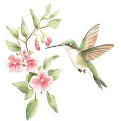 Hummingbird hovering near pink flowers, isolated on a white background.