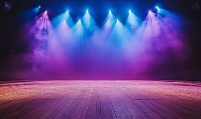 Obraz premium Empty stage with blue and purple spotlights and fog.