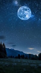 Naklejka premium Captivating night sky with brilliant stars and a luminous moon evoking wonder and tranquility