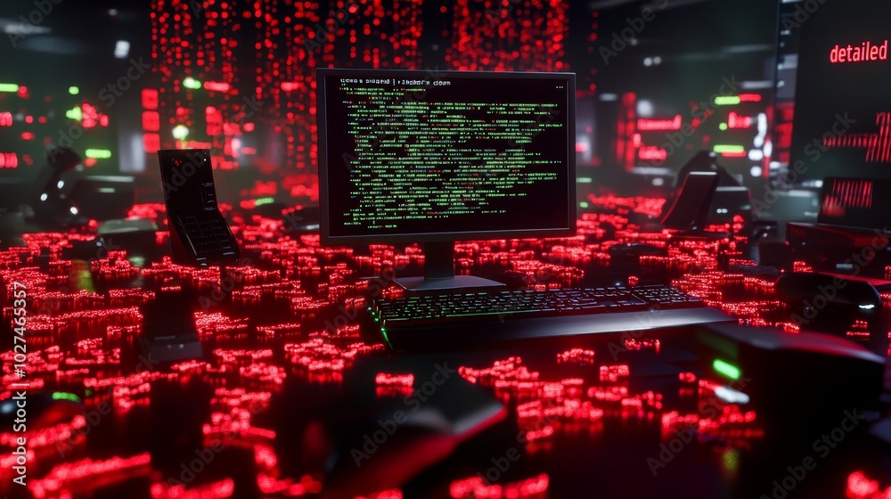 Poster Close-up of a computer screen showing lines of code running. Programming malware on displays in an underground base, handheld camera shot.