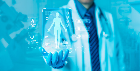 Doctor Analyzing Medical Data and Anatomy on Virtual Screen