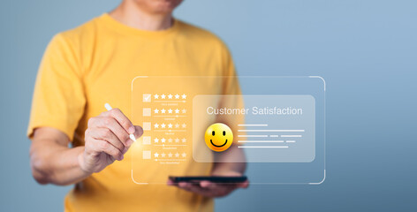 Happy Customer Creating Smilling Face on Tablet