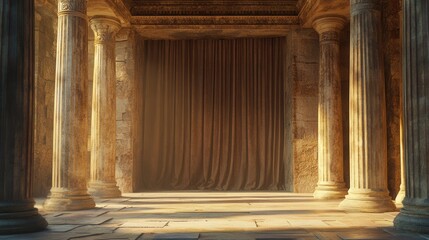 Fototapeta premium ancient-style stage with grand stone columns framing a closed curtain