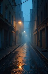 Fototapeta premium Foggy Night Street with Light Reflections in Puddles