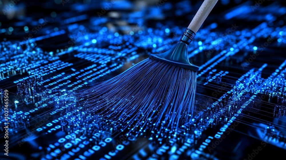 Poster Data deletion or clearing is represented by a broom sweeping away glowing blue binary code.